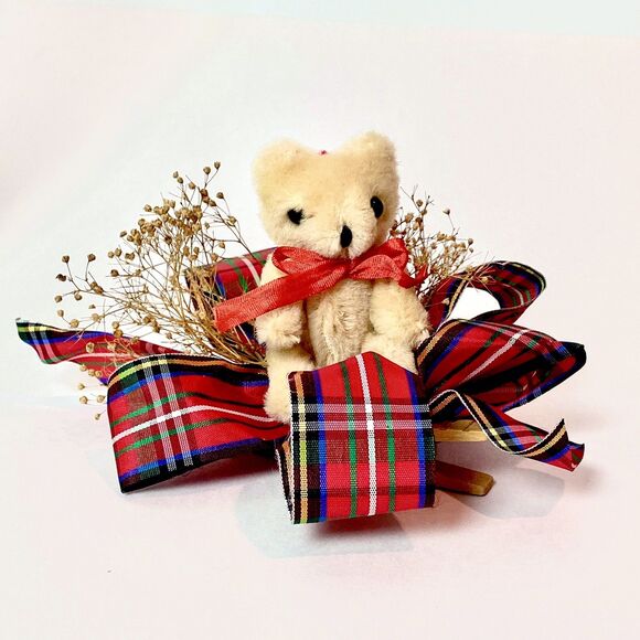 Vintage Handmade Teddy Bear Plush Jointed Tartan Bow Clip-On Christmas Ornament - Picture 1 of 6